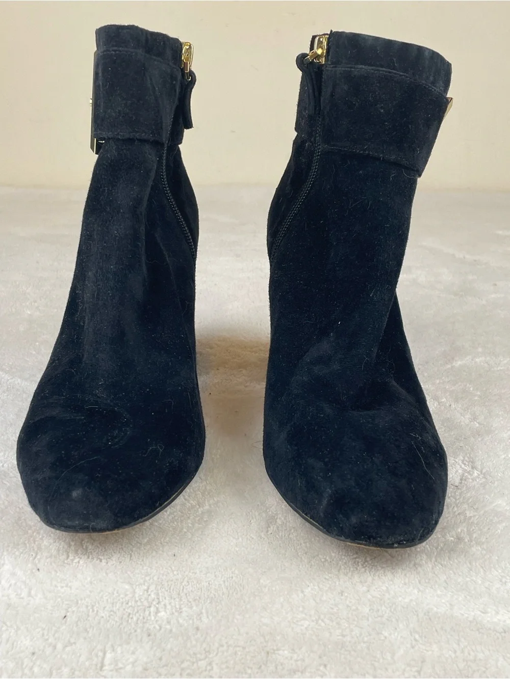 Louise et Cie Women's Black Suede Block Heel Ankle Boots with Gold Buckle